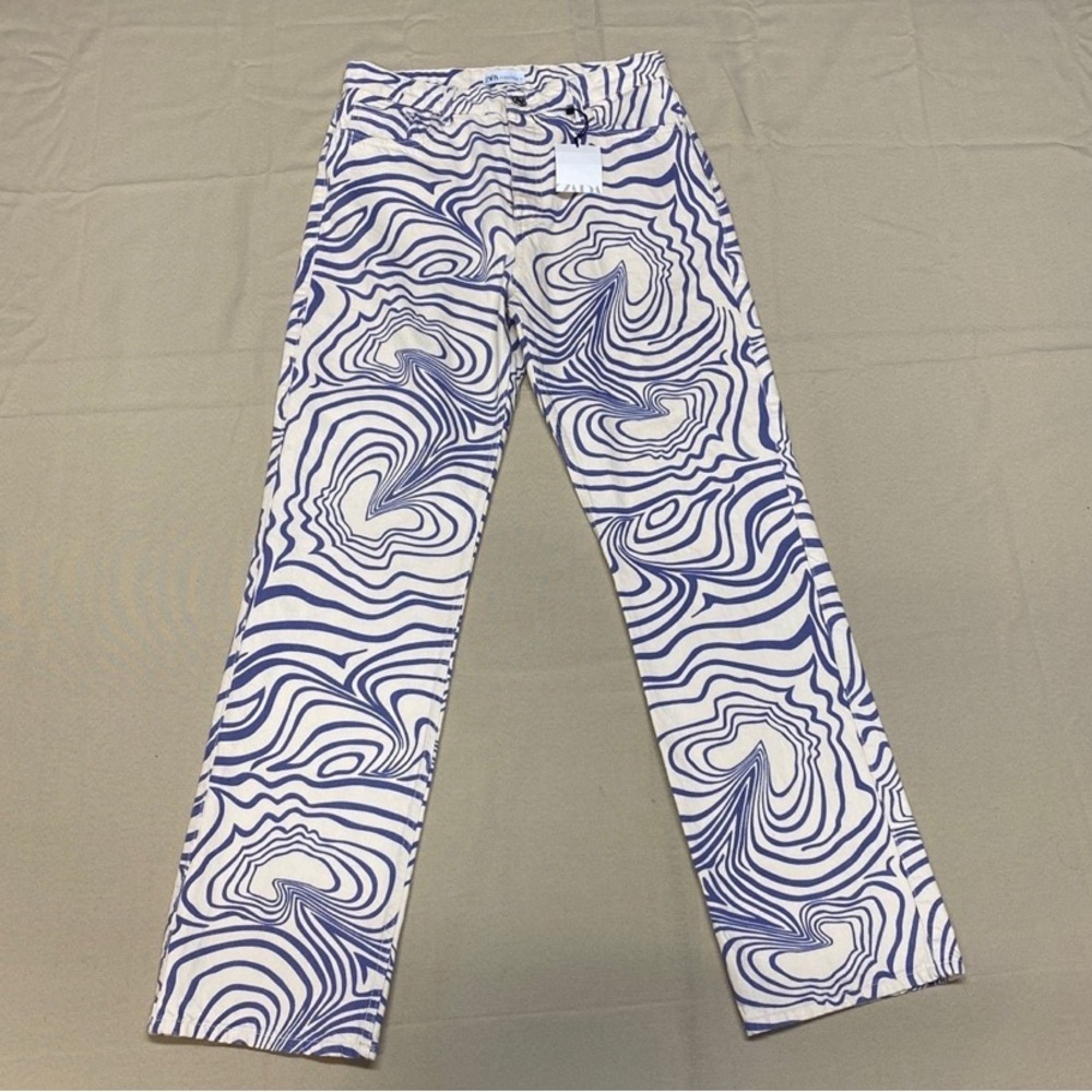 Zara Cream and Blue Patterned Pants